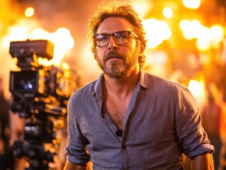 A focused man with glasses operates a camera amidst a dramatic, fiery background, capturing intense moments with dedication.