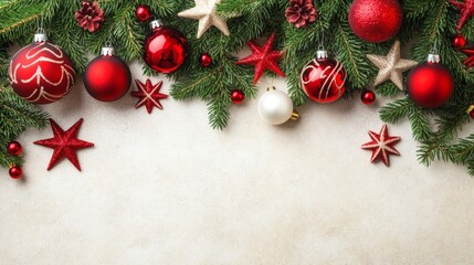 Christmas background with decorations along the edges. Christmas tree branches, gold glitter balls, stars, and garland. Flat lay, top view on a dark background with copy space.