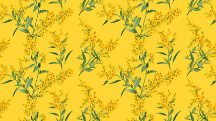 Bright floral seamless pattern featuring Solidago flowers on a cheerful yellow background perfect for fabric design and home decor