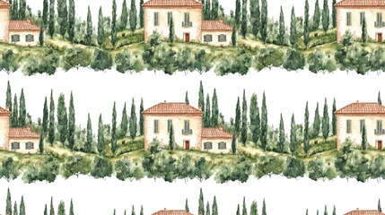 Gardinen Seamless watercolor pattern of a vintage brick house with a red tiled roof surrounded by cypress trees capturing the charm of a Tuscany landscape © NeuralNiche