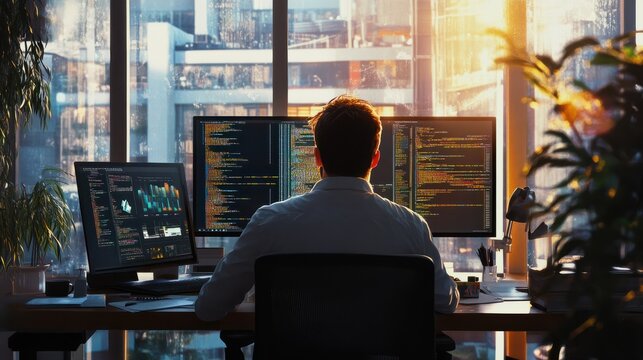 A software developer at work. A man sits at a desk in a bright office and stares at computer screens with lines of code.