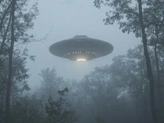 A UFO, illuminated in the night, hovers amidst a foggy forest, creating an eerie and mysterious atmosphere.