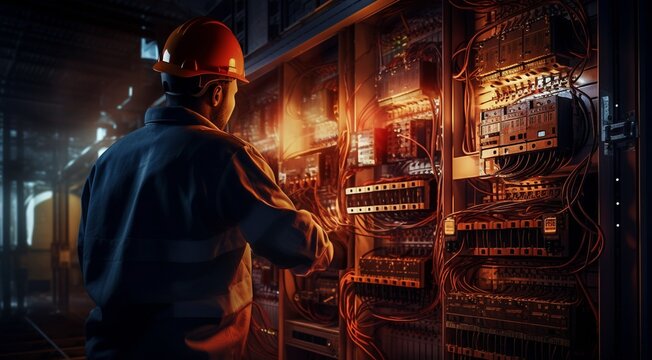 close up of electrican doing work at the factory, electrican with helmet at the work