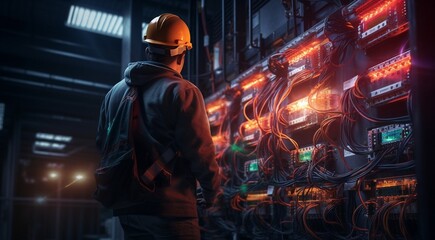 close up of electrican doing work at the factory, electrican with helmet at the work