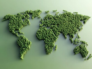 A world map formed by dense green trees on a smooth green surface, symbolizing global environmental responsibility and sustainability.