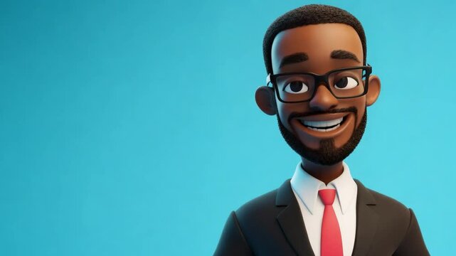 An animated black man character wearing glasses and a business suit, talking and smiling confidently, set against a vibrant blue background