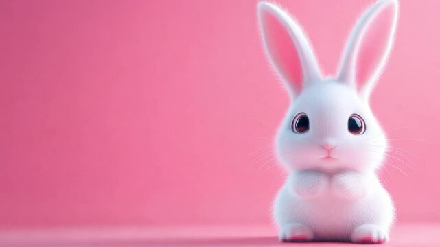 A fluffy white bunny with big ears sits quietly against a pastel pink backdrop, exuding calm and charm in a serene moment