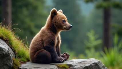 Obraz premium A realistic image of a solitary grizzly bear cub on a rocky ledge, bathed in warm sunlight and surrounded by lush greenery