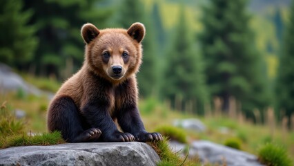 Fototapeta premium A stunning photograph of a grizzly cub resting on a rock, highlighting the intricate details of its fur in a natural woodland setting