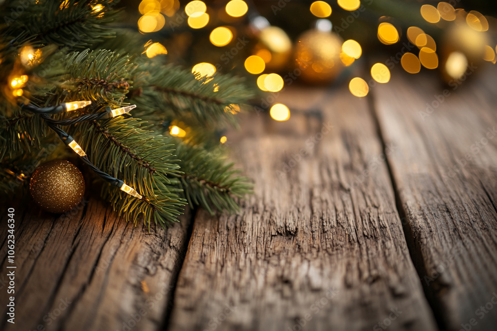Poster A pine branch with string lights and ornaments lays on a wooden table with blurred lights in the background