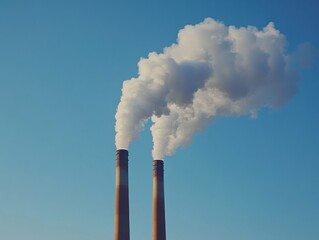 Two power plant chimneys emit thick white smoke against a clear blue sky, symbolizing industrial activity and atmospheric pollution.