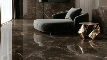 A dark brown marble floor with matte finish, featuring a modern velvet chaise and sculptural side table.