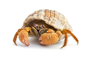 Hermit crab emerging from shell on white background