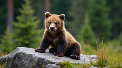 Obraz premium A lifelike image of a solitary grizzly bear cub perched on a stone, showcasing its fluffy fur and the rich textures of its forest habitat