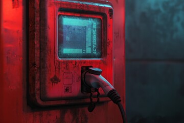 A close-up of an old electric charging station with a glowing blue screen. The rustic design has a unique charm. Perfect for technology and urban decay themes. Generative AI