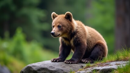 Fototapeta premium A detailed photograph of a grizzly cub sitting on a rocky outcrop, basking in warm sunlight amidst a lush, green forest backdrop