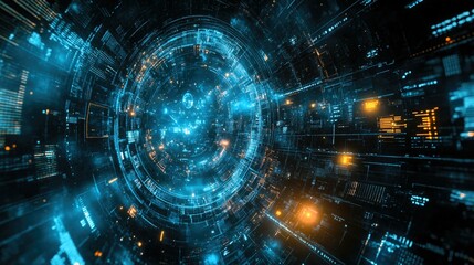 Fototapeta premium Abstract background with digital technology elements in a cyclical structure. Blue and orange colors create a futuristic and technological atmosphere, representing the concept of cyberspace
