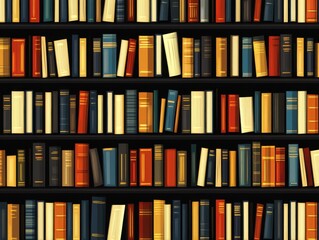 A colorful seamless pattern of books on shelves, featuring vibrant and varied book spines, creating an organized and artistic library aesthetic.