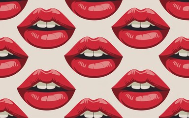 Obraz premium Seamless pattern of red lips on beige background.