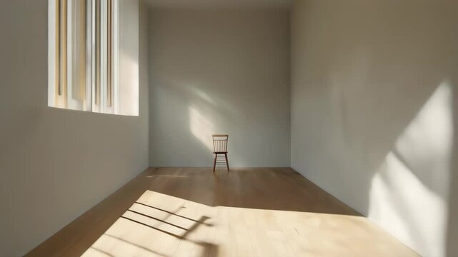 Minimalist empty room with a single small chair and dramatic natural light casting geometric shadows, Isolation or loneliness concept