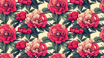 Floral seamless pattern featuring hand drawn peonies in delicate arrangements ideal for fabric design and home decor