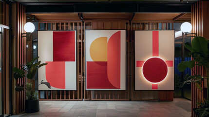 Boutique hotel lobby displays minimalist art installations, combining bold colors and geometric shapes for a modern aesthetic.