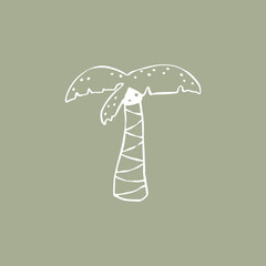 Tropical fantasy palm tree in hand drawn sketch style. Childish simple vector illustration. Black marker isolated on white background. White outline on green olive background.