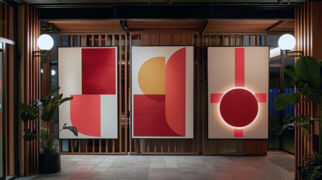 Boutique hotel lobby displays minimalist art installations, combining bold colors and geometric shapes for a modern aesthetic.
