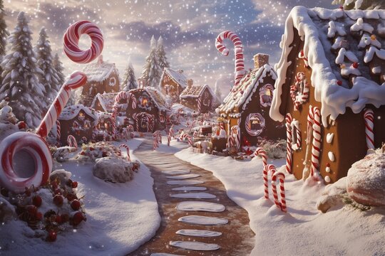 Christmas gingerbread village with elves baking and candy details