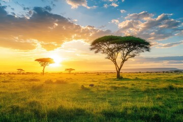 Obraz premium Expansive savannah with acacia trees dotting the horizon under a vibrant sunset, with a lone animal in the distance