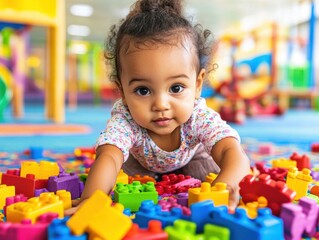 A young child playing with colorful building blocks in a vibrant playroom, showcasing curiosity and focus in a cheerful environment.