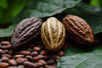 Close-up of cacao pods with beans and fresh green leaf showcasing raw ingredients for chocolate