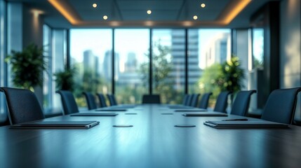 Modern conference room with a large table and chairs, notepads and pens on the table. Panoramic windows overlooking the city and green trees decorate the interior