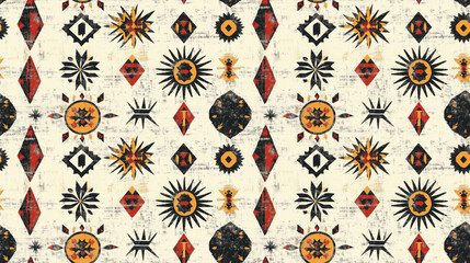 Obraz premium Seamless pattern featuring intricate Southwest Native and African American motifs in a boho style ideal for textiles and home decor