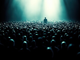 Fototapeta premium A solitary figure stands in a spotlight amidst a large, dimly lit crowd, conveying themes of individuality and isolation.