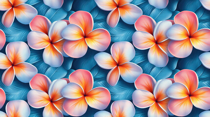 Modern motley floral seamless pattern featuring vibrant plumeria flowers on a soothing blue background perfect for textile and wallpaper designs