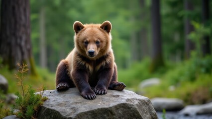 Obraz premium A lifelike image of a grizzly cub resting on a rock, highlighting the intricate details of its fur in a lush woodland