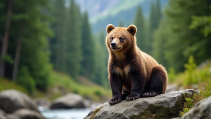 Obraz premium A detailed photograph of a grizzly cub on a stone, showcasing its fluffy fur and the rich textures of its forest environment