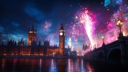 Fototapeta premium New Year joyful fireworks displays over iconic landmarks