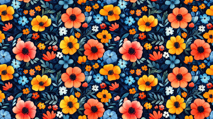 Seamless pattern of vibrant handmade digital watercolor flowers perfect for textile design and home decor