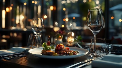 Fine dining setup with gourmet dish and wine for elegant culinary experience picture