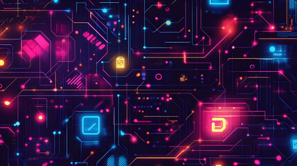 A glowing digital circuit board in pink and blue tones, symbolizing advanced technology and futuristic innovation.