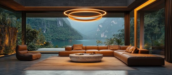 Fototapeta premium Modern living room with a large sectional sofa, a circular coffee table, and a view of a lake and mountains from the large windows.