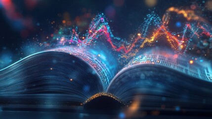Digital 3D model of data charts and graphs emerging from an open book symbolizing the fusion of data driven insights and published scientific research academic publications and computational analysis