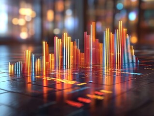 Vibrant 3D bar graph on a digital grid, representing stock market growth and investment trends. The image has a futuristic, dynamic feel with neon colors.