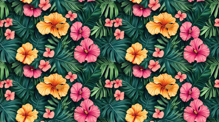 Fototapeta premium Trendy seamless pattern featuring hand drawn tropical leaves and vibrant flowers ideal for textile design home decor and fashion