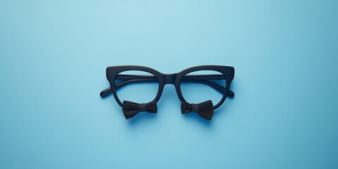 Fototapeta premium Black glasses, moustache, and bowtie on light blue background stock image