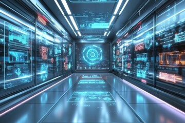 Futuristic server room with holographic displays and lights