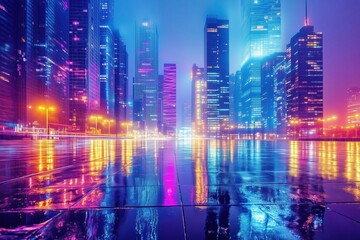 Fototapeta premium Skyscrapers at dusk reflecting bold neon lights in the city