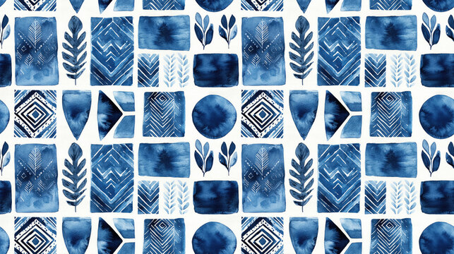 Colorful boho seamless watercolor pattern featuring abstract ethnic designs in indigo and white ideal for fabric and home decor